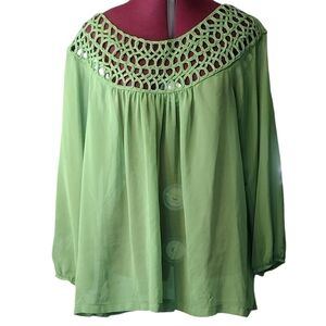 Size 1XL  sheer green chiffon oversized vintage baby doll smock blouse